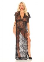 Leg Avenue性感透視開胸蕾絲睡袍連丁字褲 - 黑色 - S/M